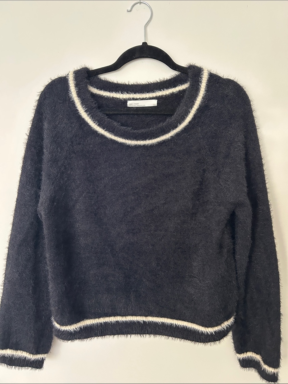OAK + FORT Black Fuzzy Crewneck Sweater with White Trim